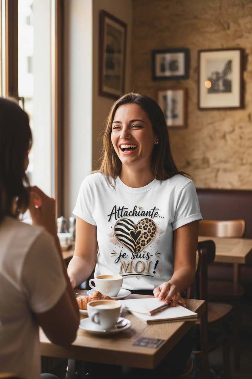 T-shirt blanc Attachiante je suis MOI porté par une femme dans un café bordelais, ambiance chaleureuse