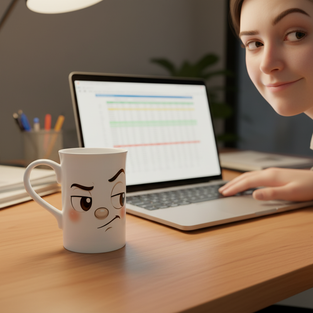 Mug blanc avec visage kawaii regard soupçonneux sur le devant, près d’un écran.