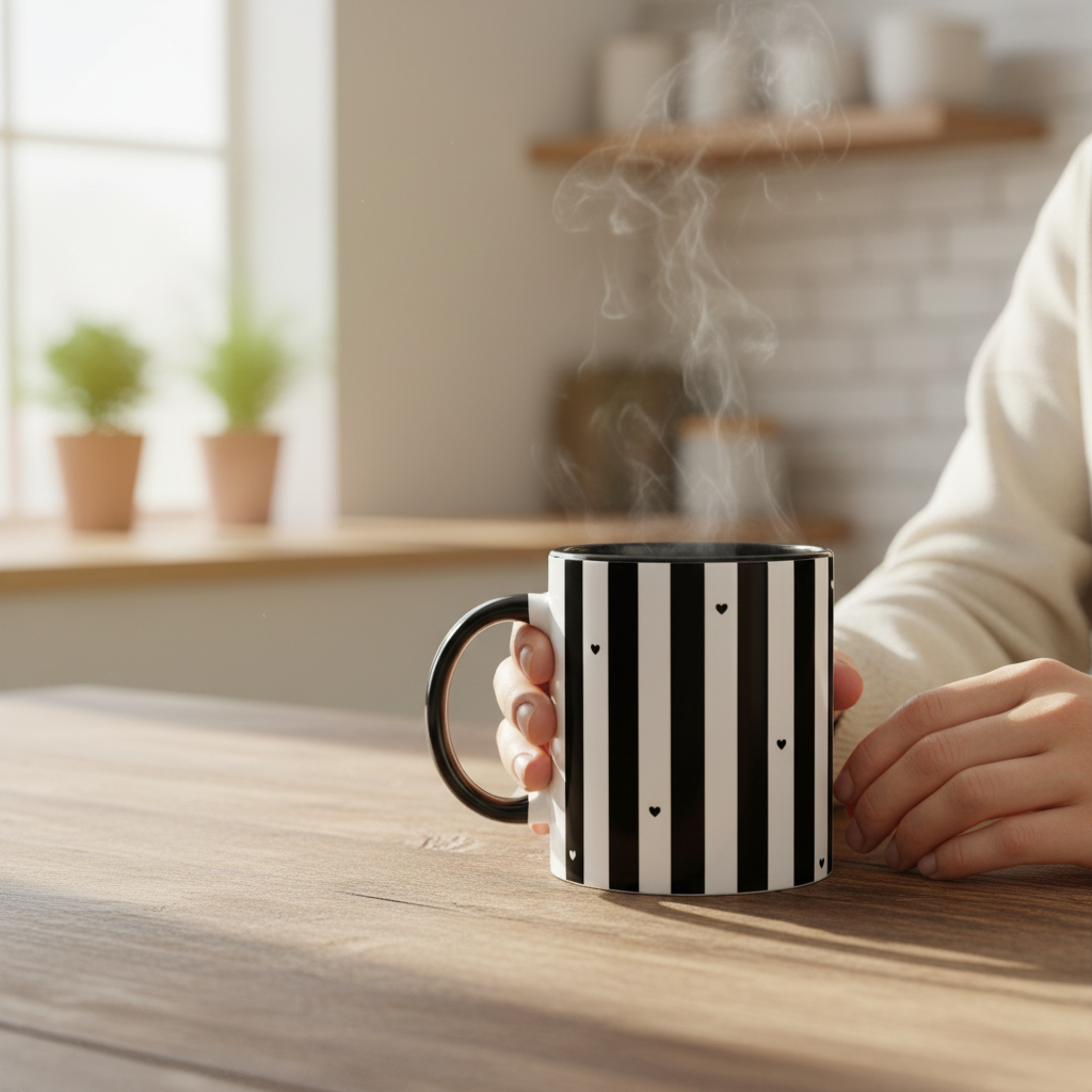 Mug rayures noir et blanc avec petits coeurs tenu par deux mains, ambiance matinale cosy