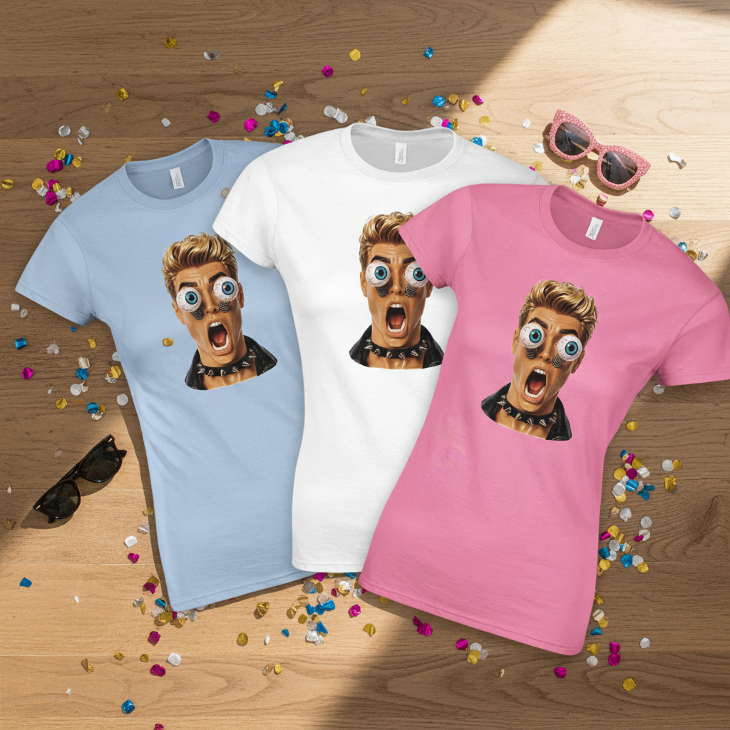 Flat lay trois t-shirts femme Light Blue, White et Azalea avec design humour yeux à ressorts sur surface en bois