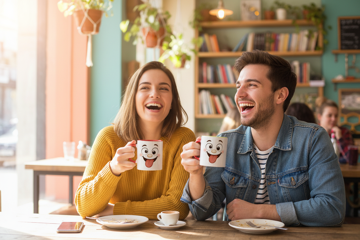 Tasse en céramique blanche au visage kawaii espiègle, motif cartoon.