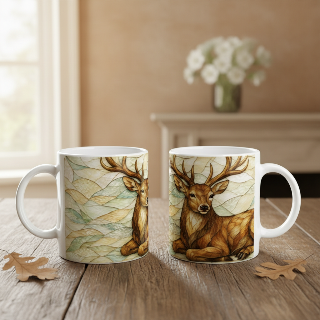 Les deux faces du mug cerf vitrail sur table en bois, recto bois et verso corps couché