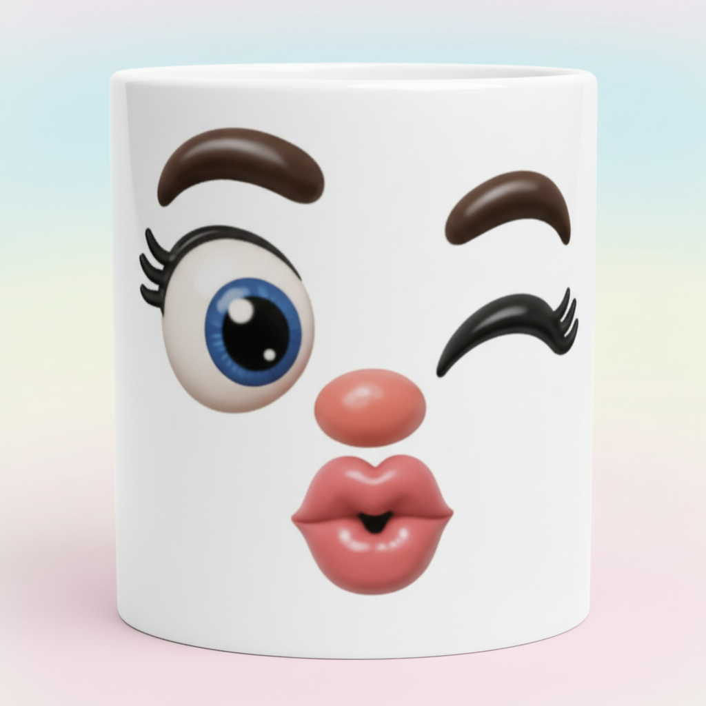 Zoom sur le design kawaii visage feminin grand oeil cils levres roses sur mug ceramique