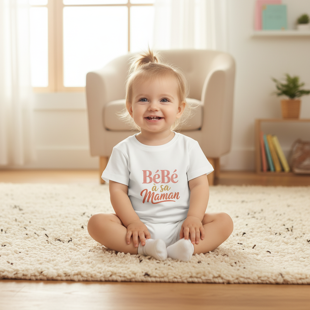 Bebe fille 12 mois assise sur tapis portant le t-shirt BeBe a sa Maman