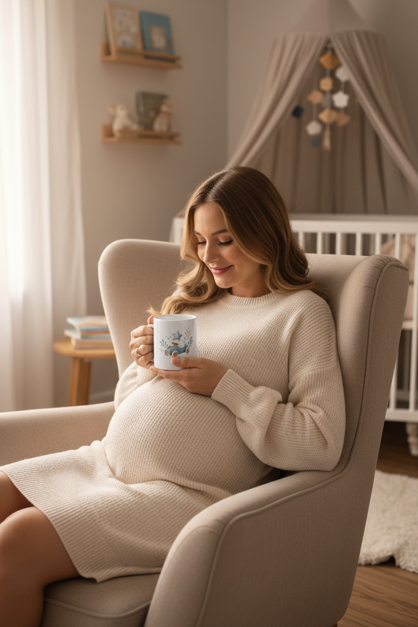 femme enceinte tenant mug voiture retro bleue aquarelle ambiance nursery