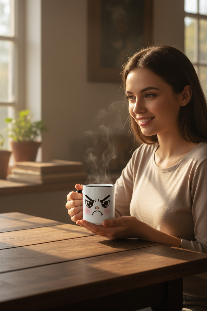 Tasse en céramique blanche avec visage kawaii en colère et traits noirs.