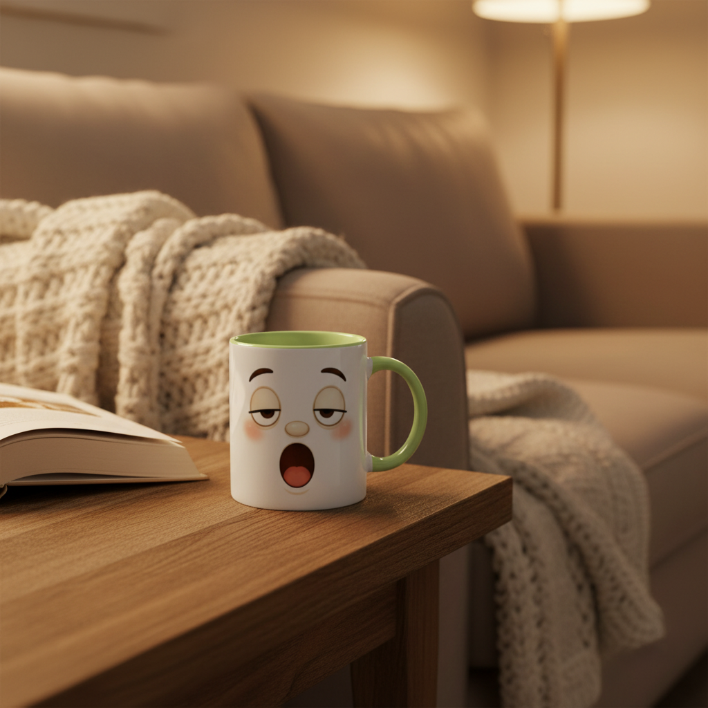 Mug blanc à bord vert et poignée verte, visage kawaii aux yeux baissés.
