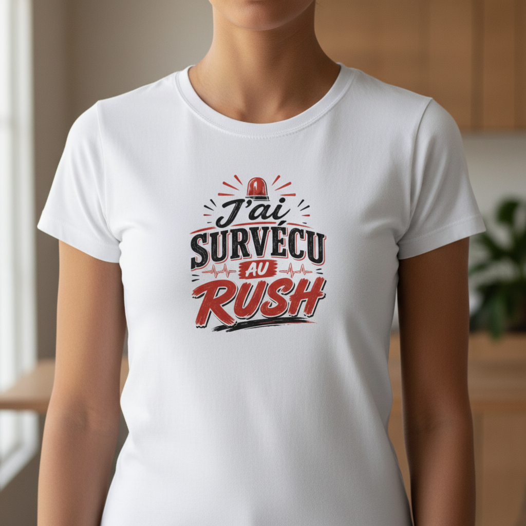 Zoom sur le design J'ai Survecu au Rush avec sirène rouge et tracé cardiaque sur t-shirt blanc