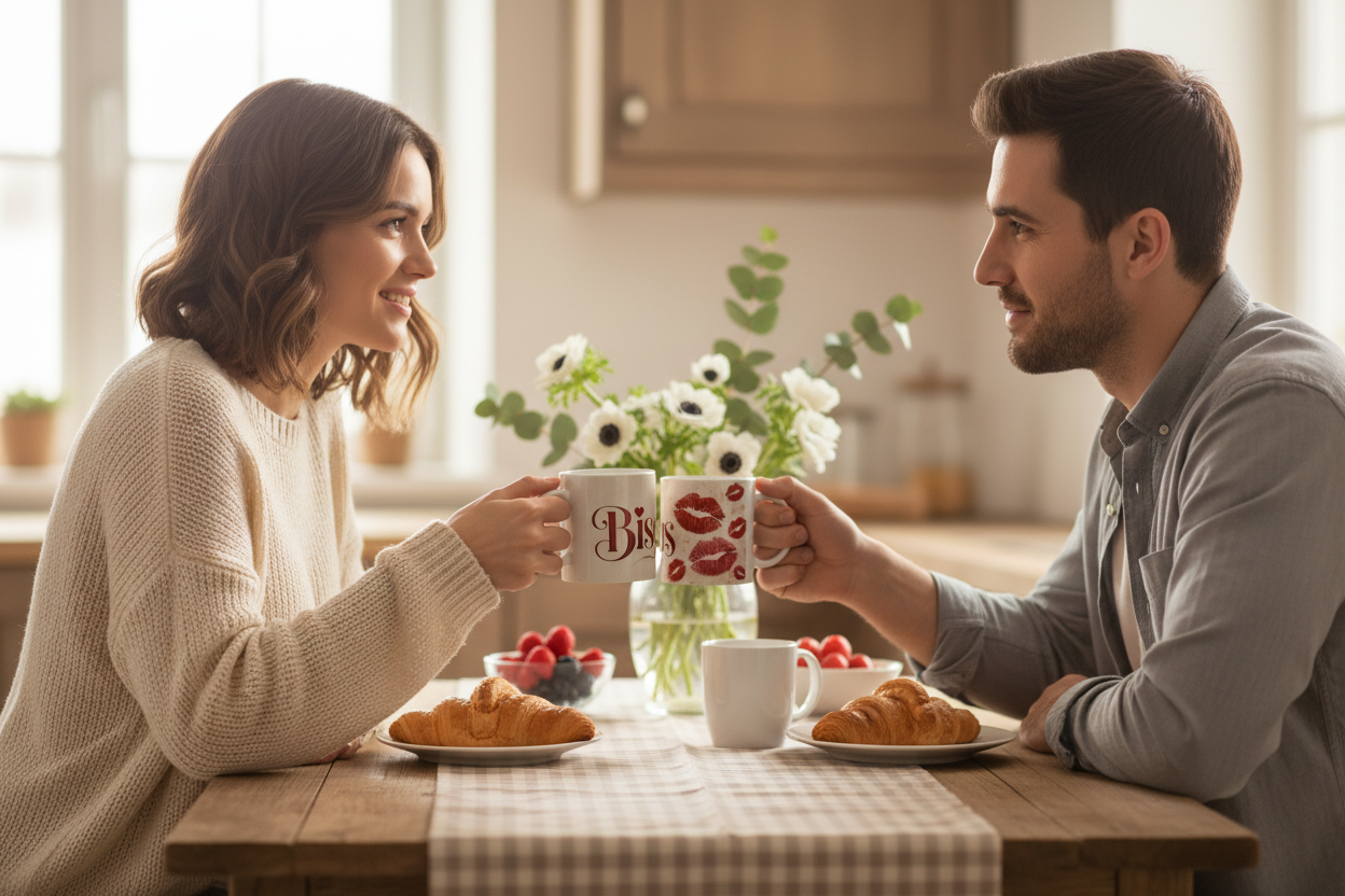Couple partageant un petit-dejeuner romantique avec le mug Bisous, ambiance Saint-Valentin