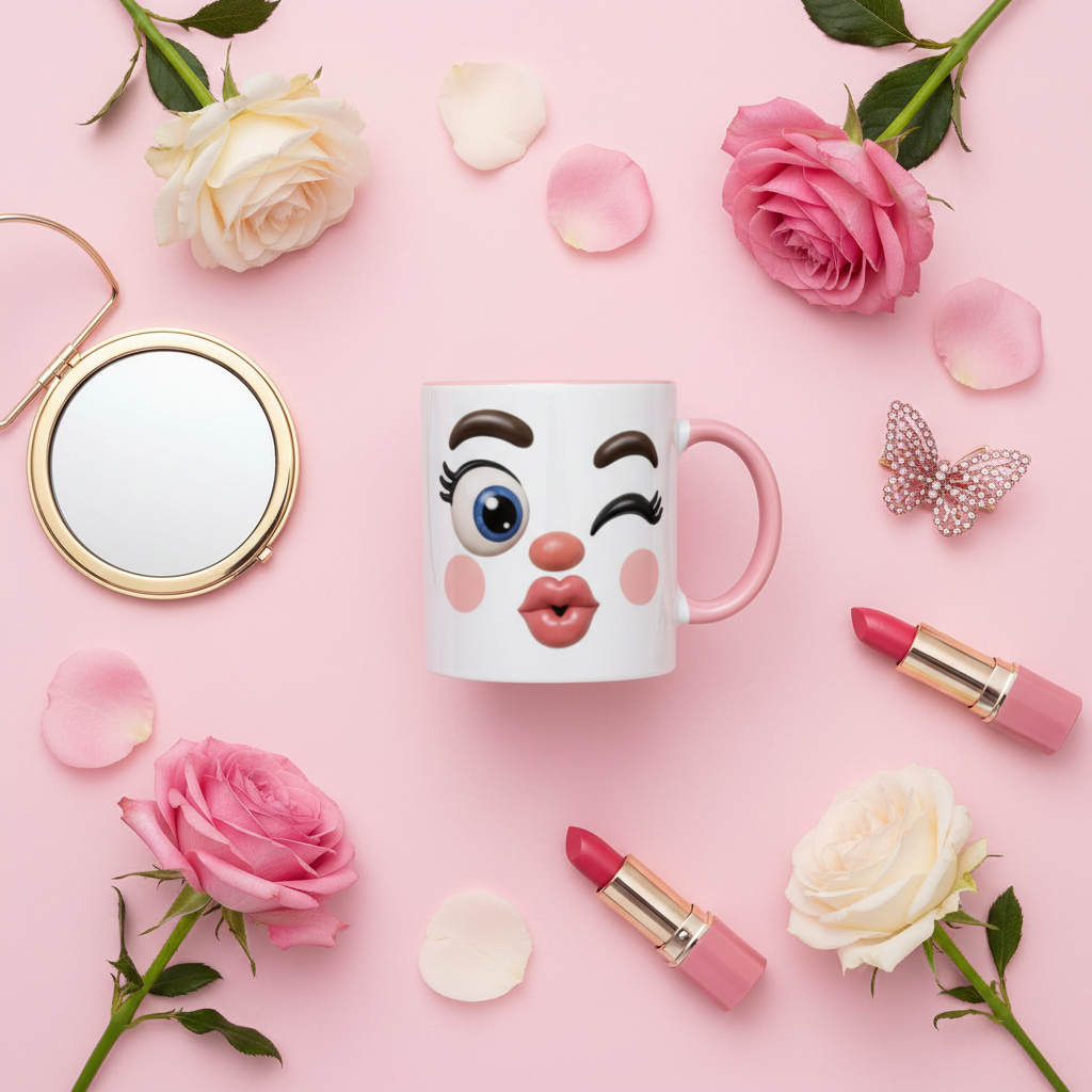 Mug kawaii visage feminin flat lay avec fleurs et maquillage fond rose
