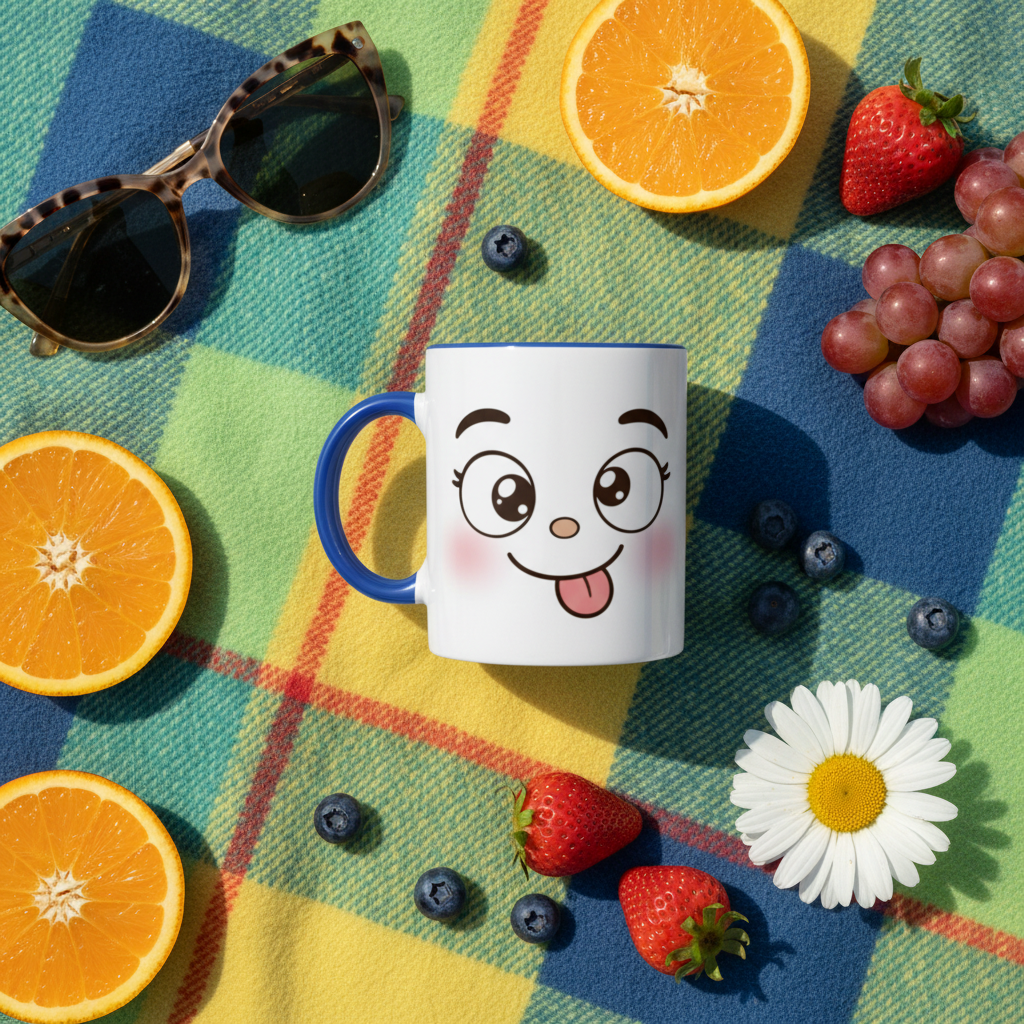 Mug en céramique bicolore à face de panda, anse et bordure bleues, corps blanc