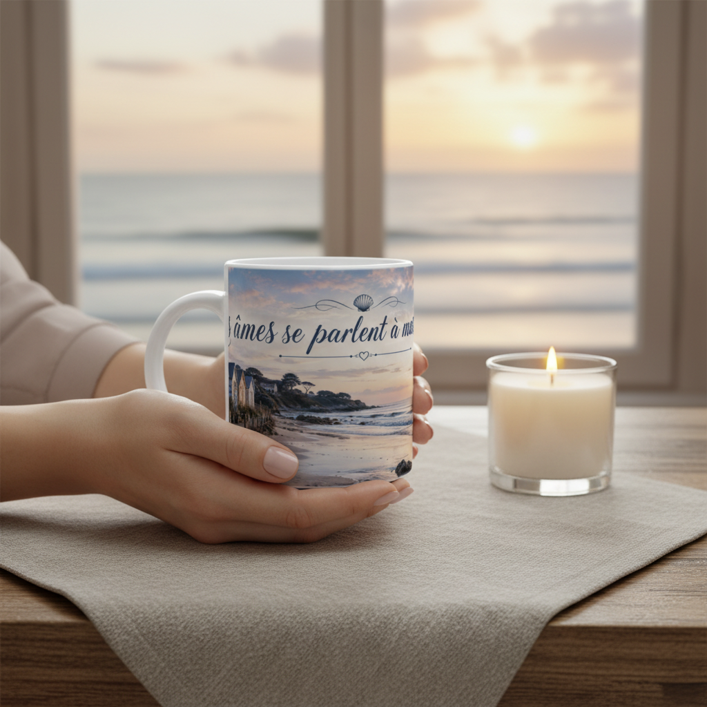 Mug Nos ames se parlent a maree calme pres d'une fenetre au crepuscule, ambiance cosy Gironde