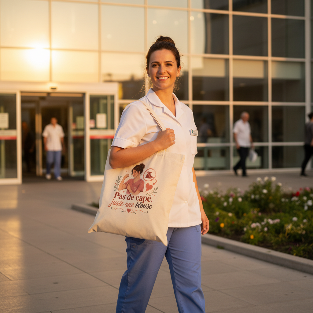 Infirmière souriante portant le tote bag natural Pas de cape juste une blouse sur l'épaule devant un hôpital