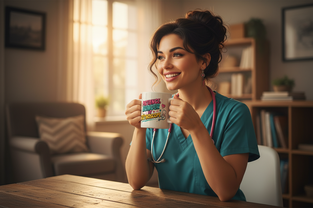Mug en céramique, motif infirmière et texte humoristique, tenu par une soignante