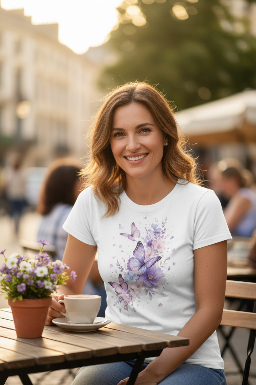 T-shirt femme blanc à motif papillons violets et fleurs aquarelle sur le devant.
