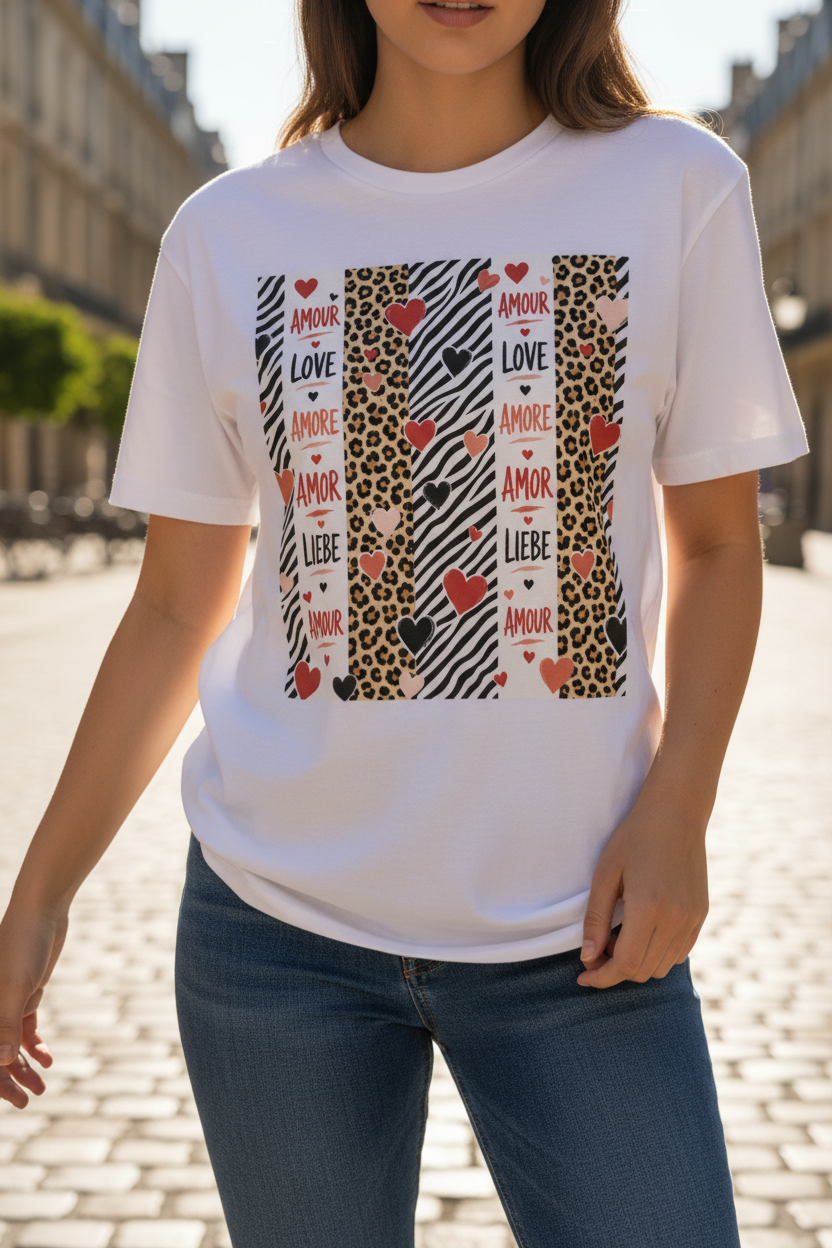 T-shirt unisexe blanc manches courtes, motif zèbre et cœurs Love au centre