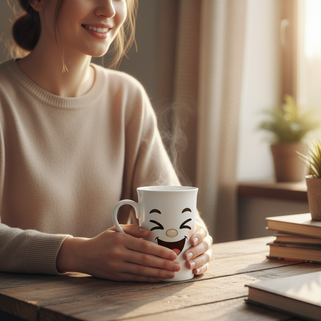 Mug blanc au visage kawaii souriant, tenu par des mains