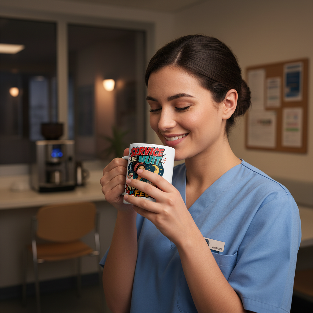 Mug blanc tenu par une soignante, impression « Service de nuit, Moral de feu »