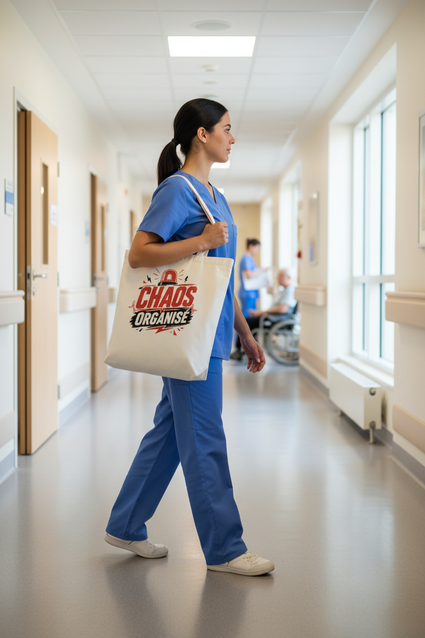 Infirmière en blouse bleue portant le tote bag Chaos Organisé blanc