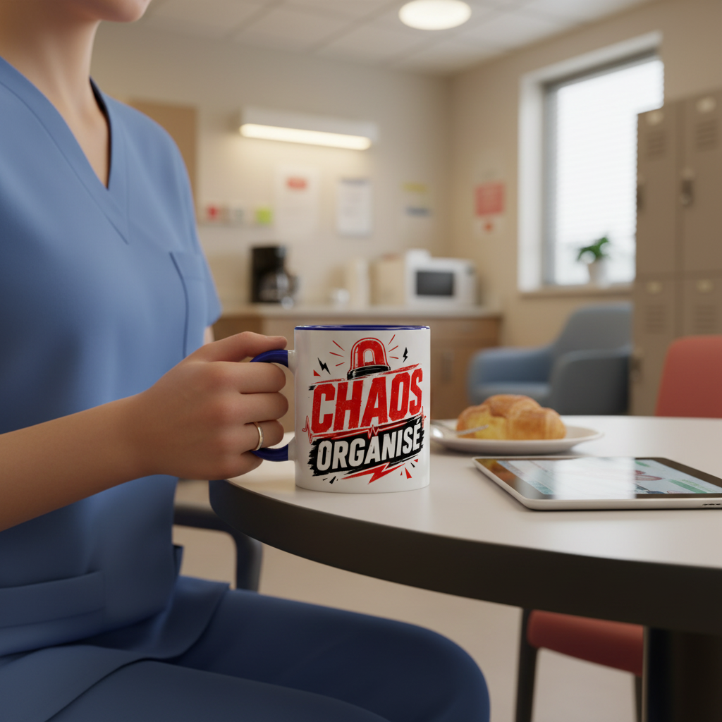 Infirmière en blouse bleue tenant le mug Chaos Organisé