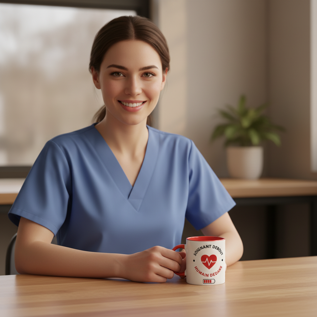 Mug en céramique blanc à anse rouge, cœur ECG rouge, tenu à la main
