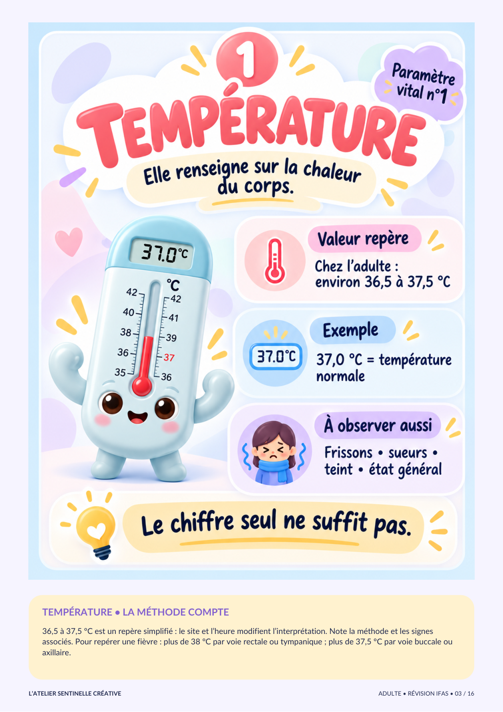Fiche « Température » IFAS avec thermomètre mignon et encadrés valeurs et exemples.