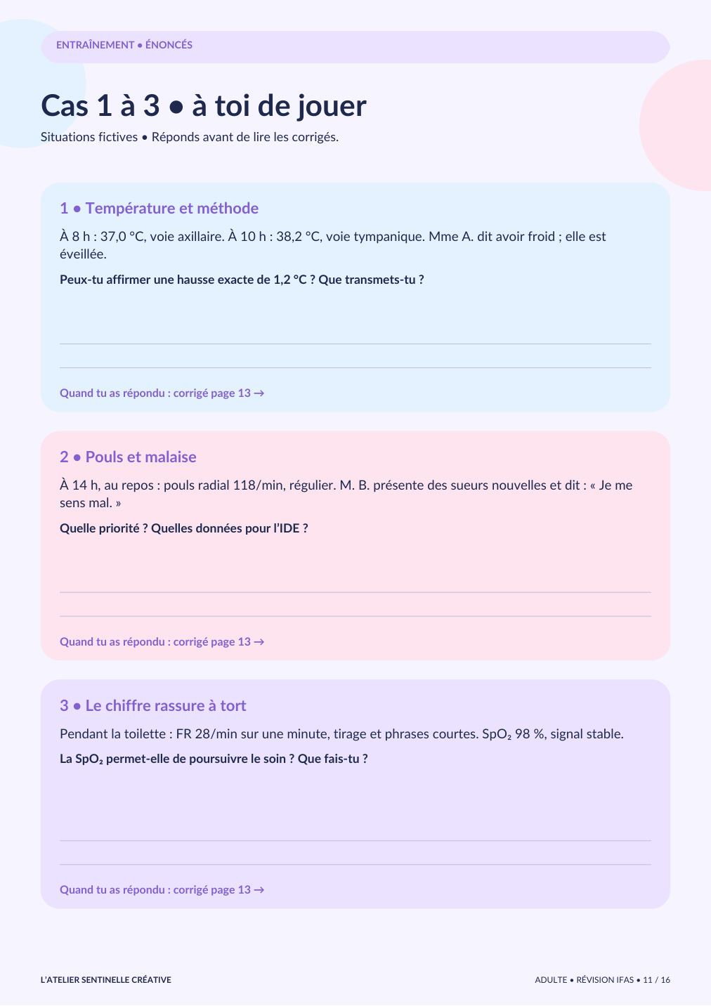 Page d’exercices IFAS « Cas 1 à 3 à toi de jouer » avec situations à compléter.