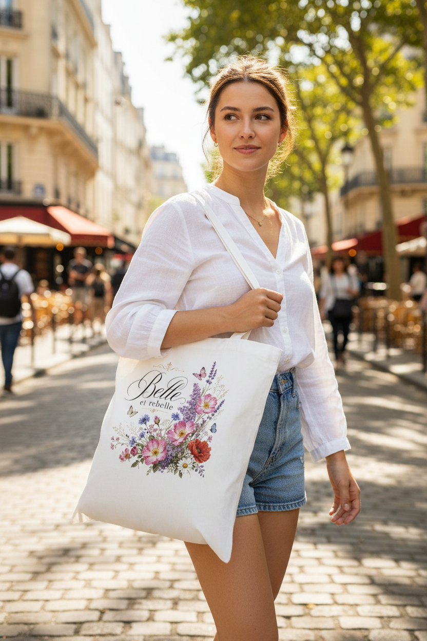 Tote bag en toile blanche, anses longues, fleurs et texte « Belle et rebelle »