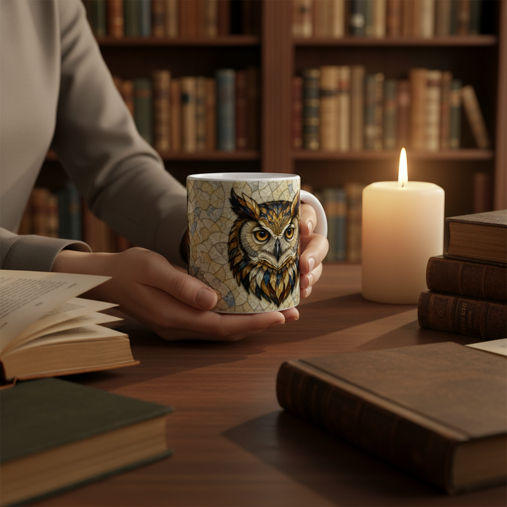 Lifestyle bibliothèque mug hibou de face