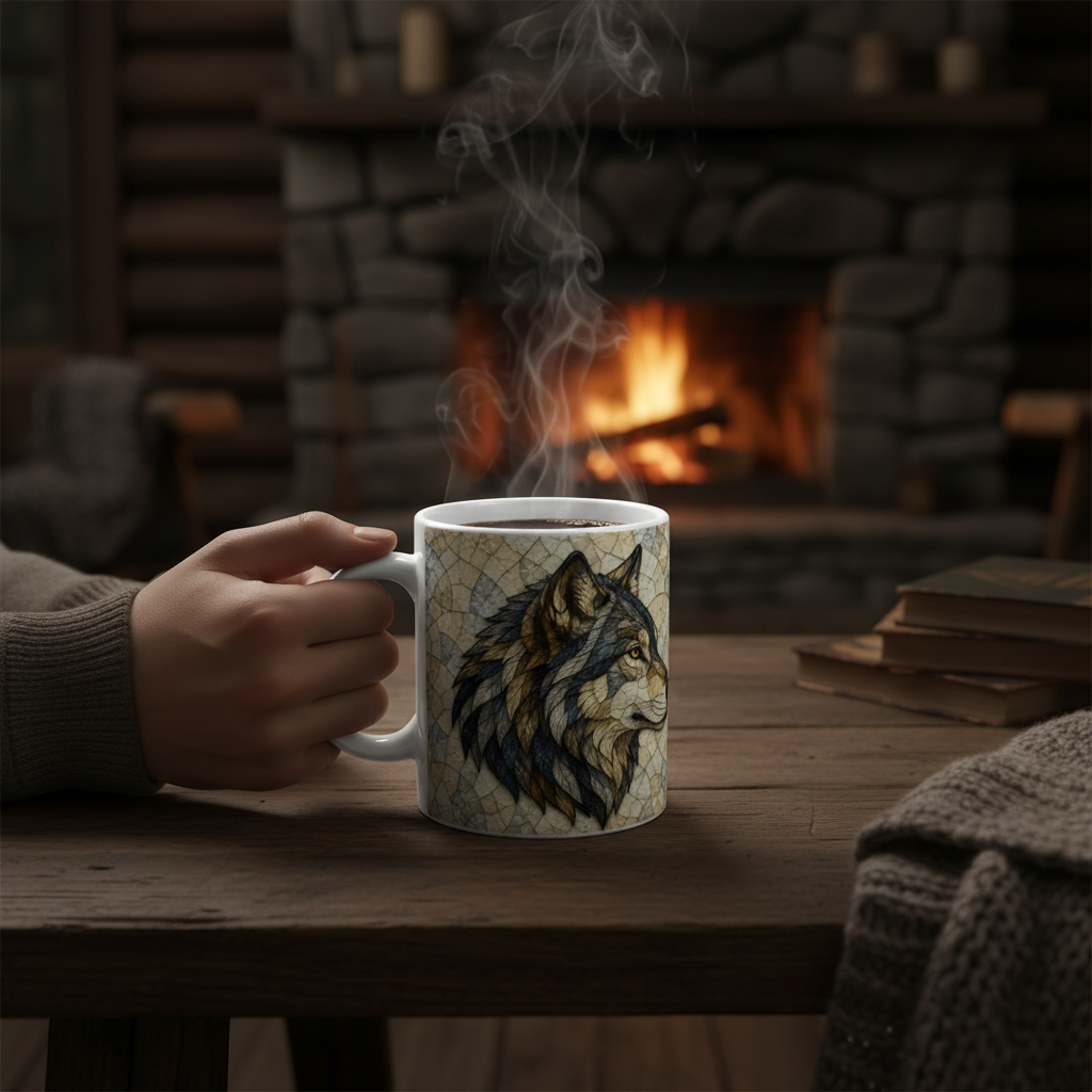 Lifestyle cabane mug loup vitrail