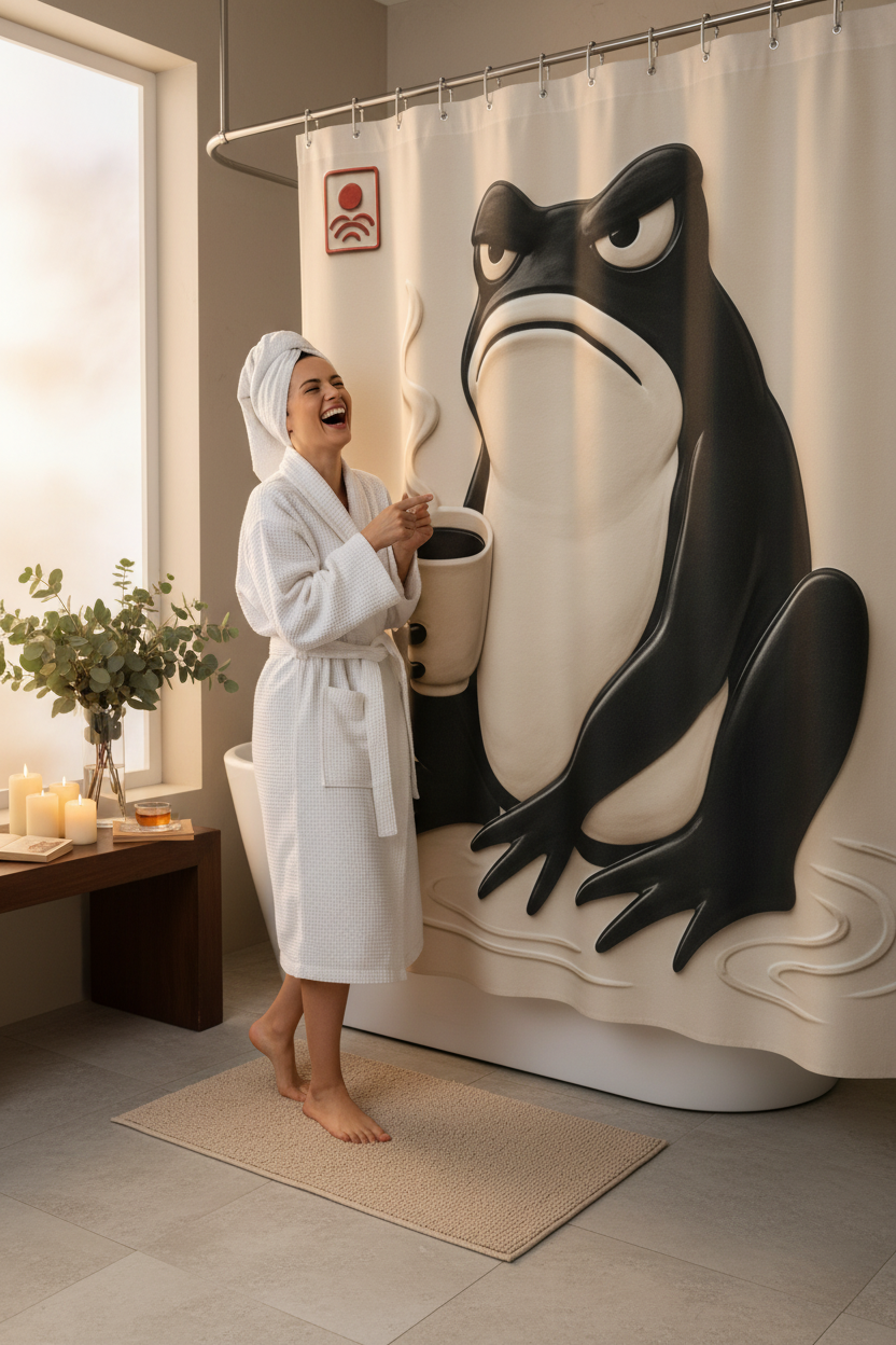 Rideau de douche beige avec grenouille noire tenant une tasse, personne en peignoir devant le rideau.