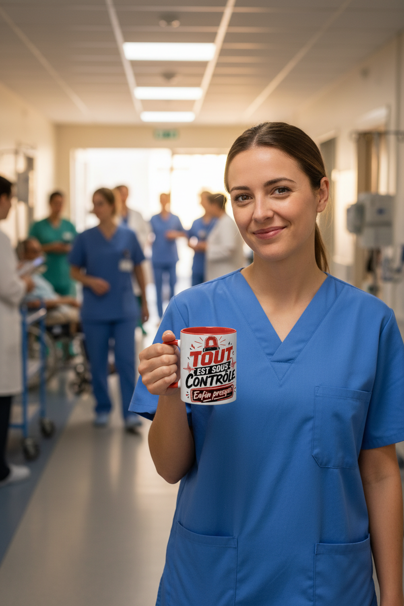 Mug blanc poignée rouge, impression « Tout est sous contrôle ».