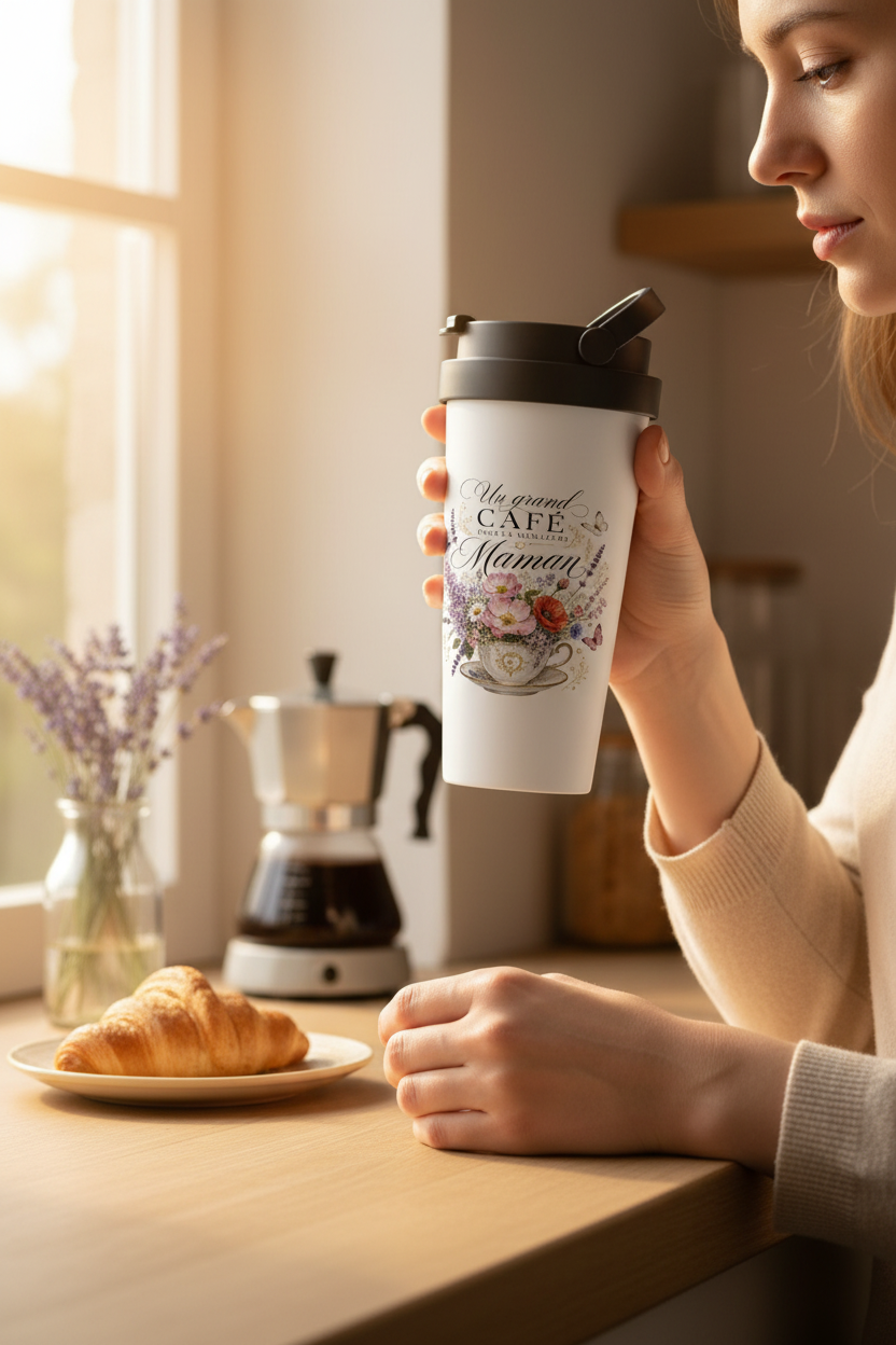 Gobelet thermos blanc avec couvercle noir et motif floral « Maman ».