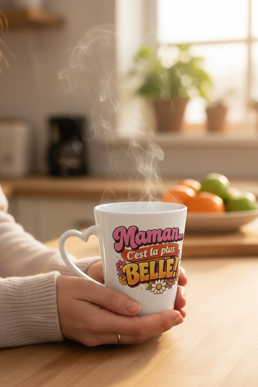 Mug blanc « Maman… c’est la plus belle » tenu à deux mains près d’une table