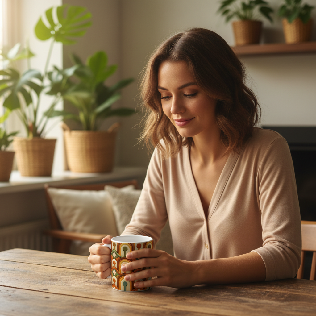 Lifestyle mug 3D rétro arches femme intérieur cosy