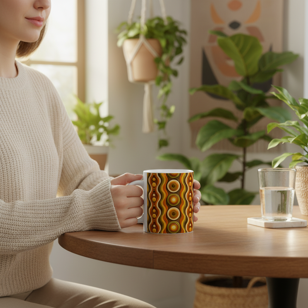 Lifestyle mug groovy 3D cercles femme intérieur cosy