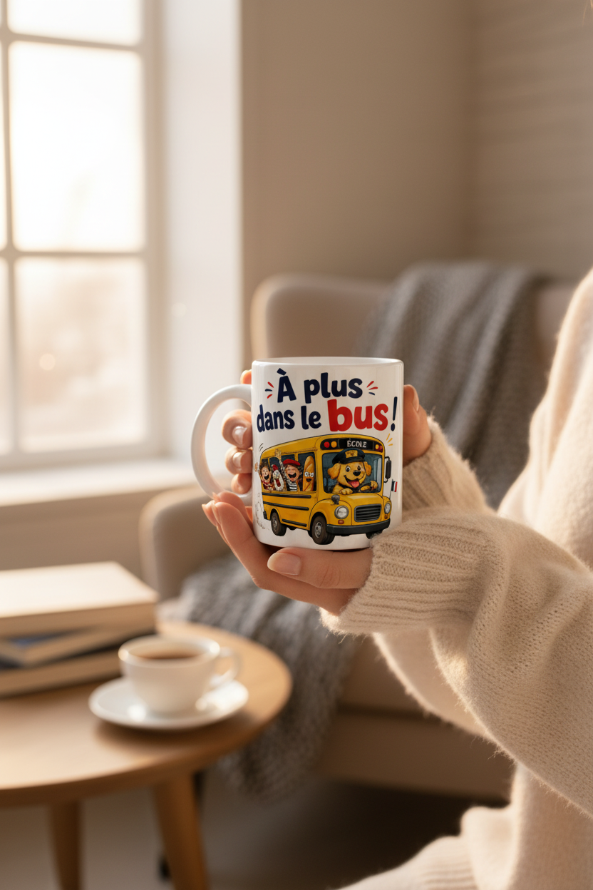 Mug blanc illustré « À plus dans le bus ! » avec anses, tenu à la main.