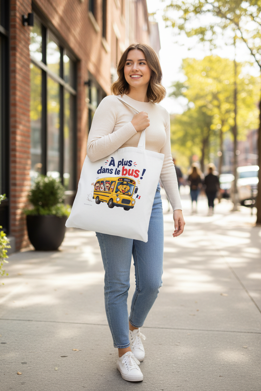 Tote bag blanc en toile avec illustration bus scolaire et enfants, anses longues