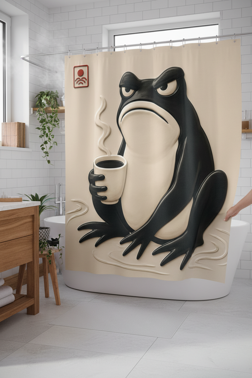 Rideau de douche beige avec grenouille noire tenant une tasse, vu en situation dans la salle de bain.