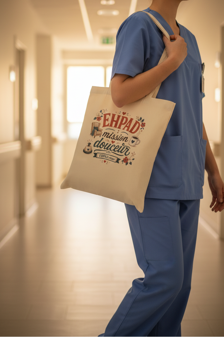 Tote bag beige avec anses et design « EHPAD mission douceur ».
