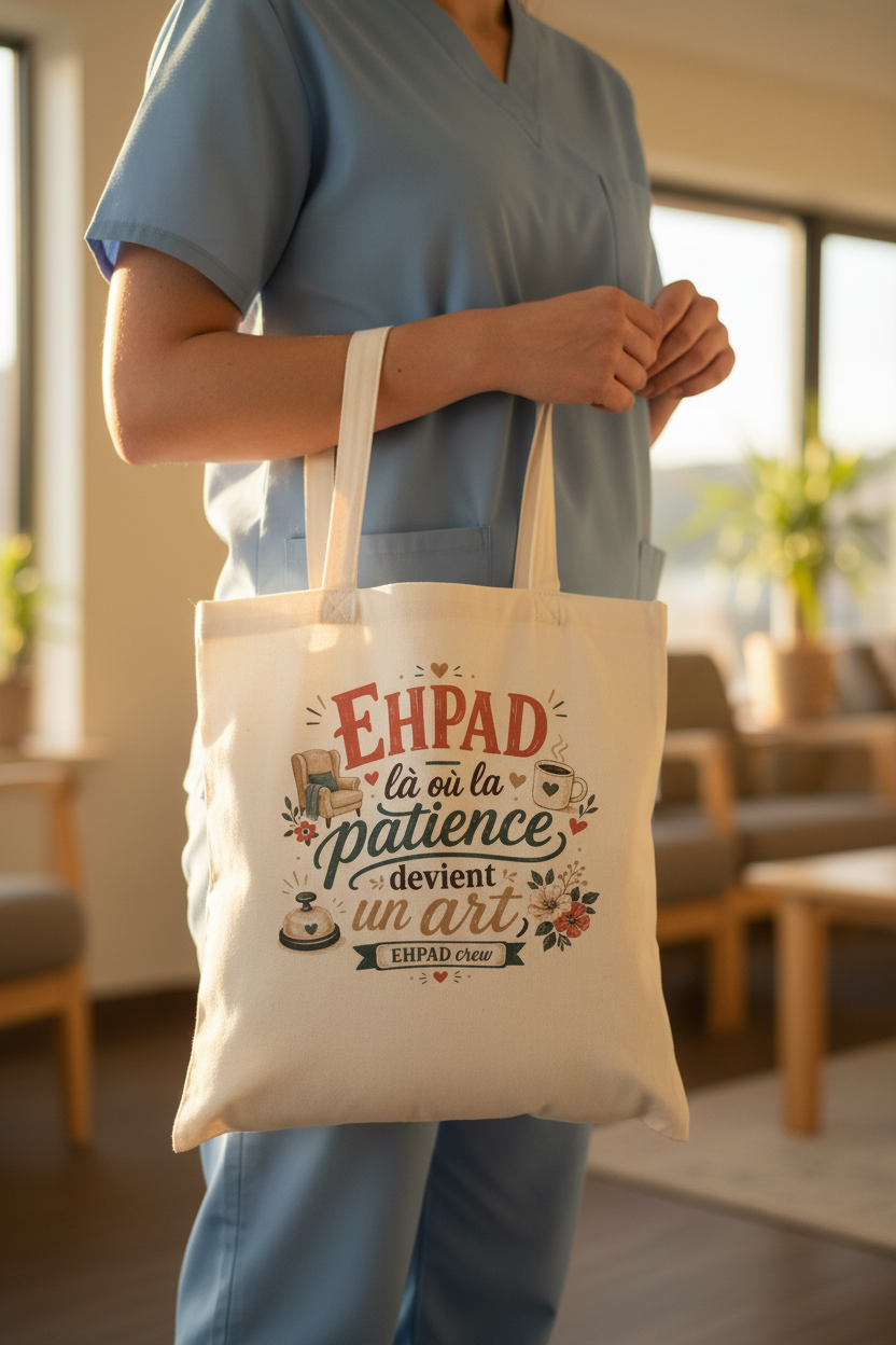 Tote bag blanc avec anses, motif EHPAD « la patience devient un art »