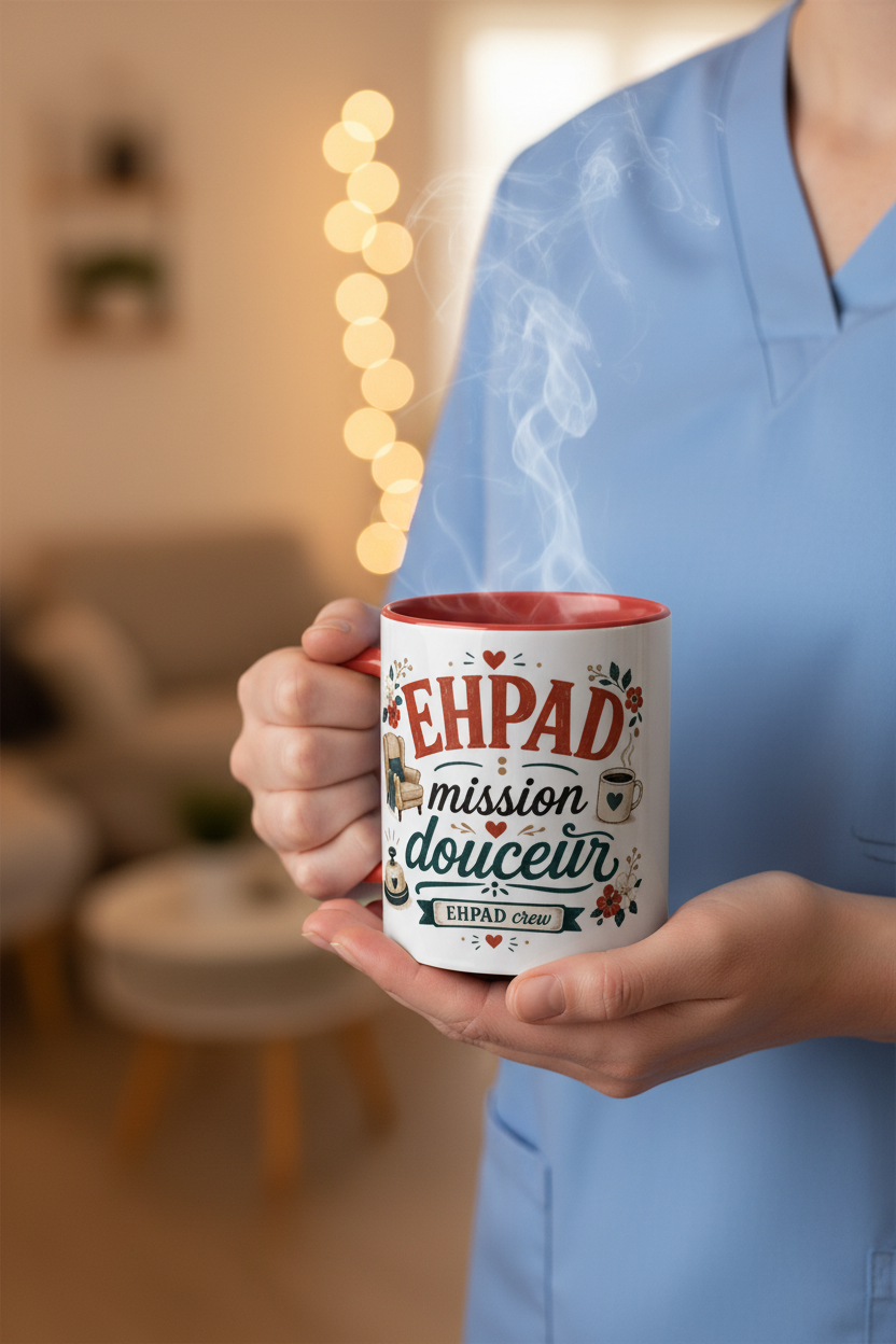Mug blanc à anses rouges, impression « EHPAD mission douceur » tenue en main.