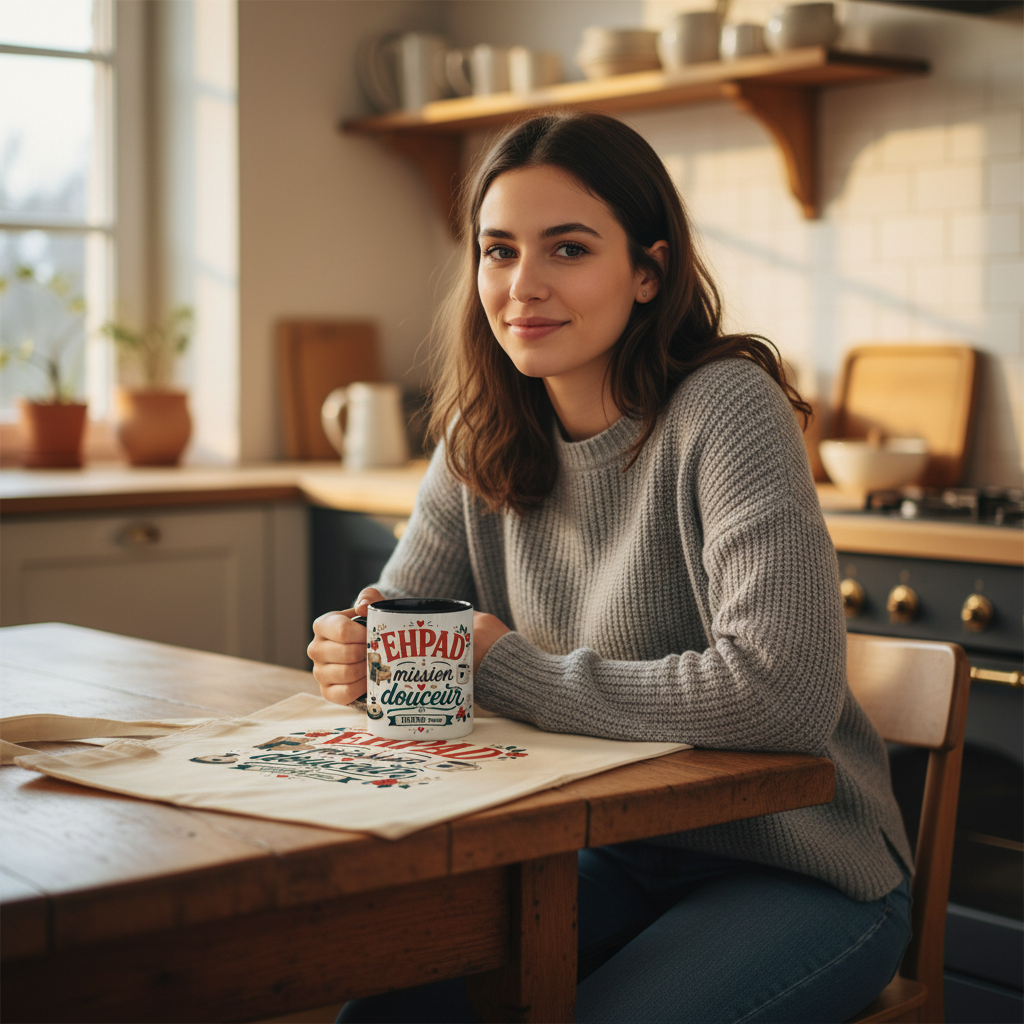 Mug blanc à poignée, décor floral et texte « EHPAD mission douceur »