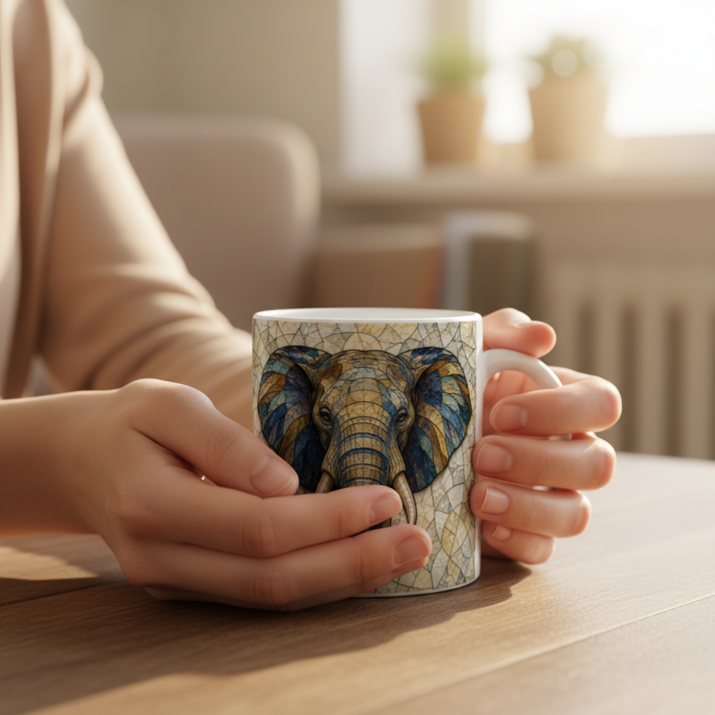 Mains autour du mug recto éléphant de face