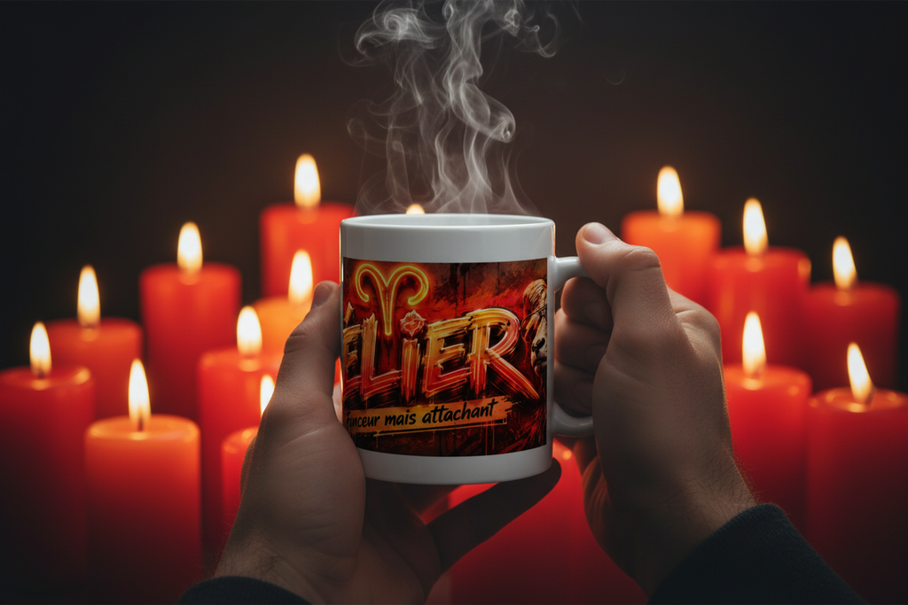 Mug blanc avec visuel rouge et lettres « LIER », fumée au-dessus
