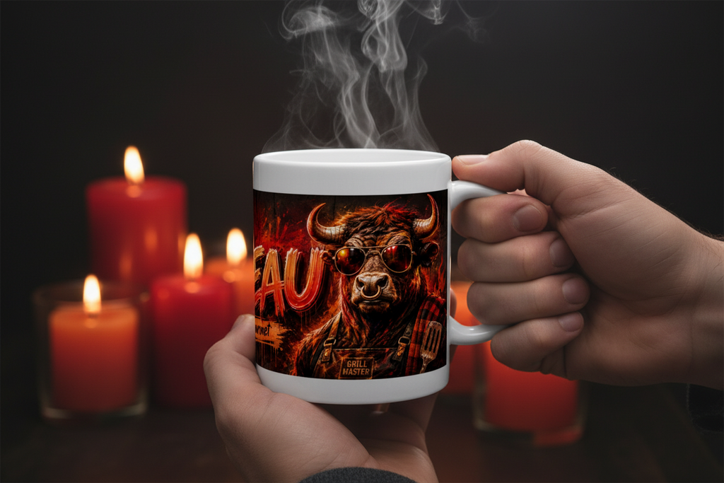 Tasse en céramique blanche avec motif taureau et texte « Têtu mais gourmet »
