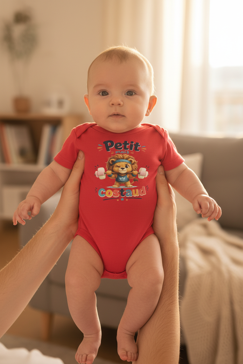 Body bébé rouge porté, manches courtes, imprimé lion et texte « Petit mais Costaud »