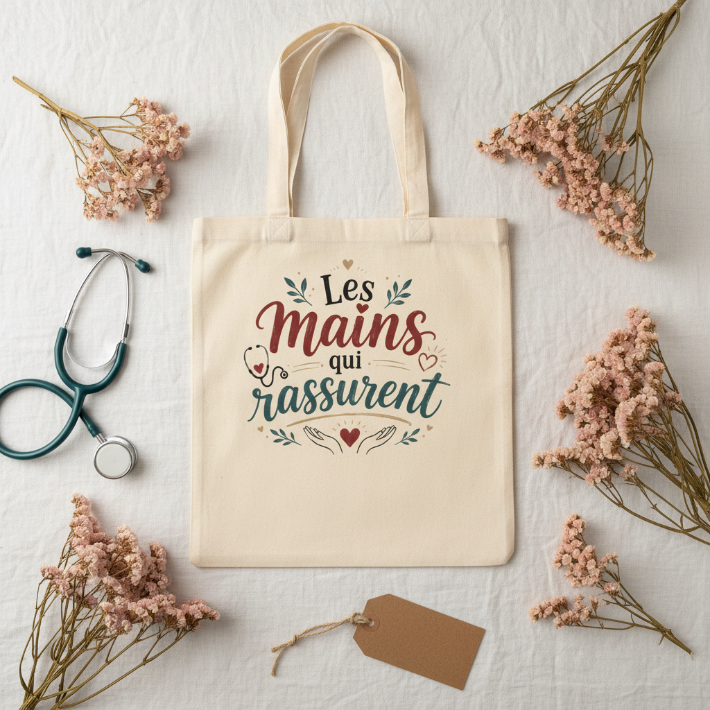 Sac cabas beige en toile avec motif « Les mains qui rassurent » et étiquette.