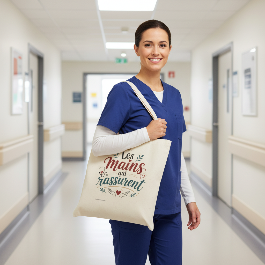 Sac cabas beige en coton avec anses et grand lettrage « Les mains qui rassurent ».