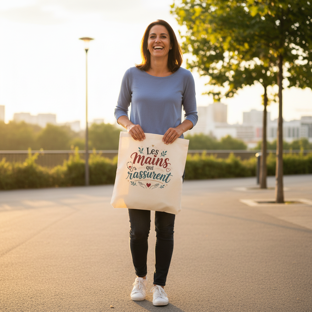 Sac cabas beige en coton, anses et inscription « Les mains qui rassurent ».